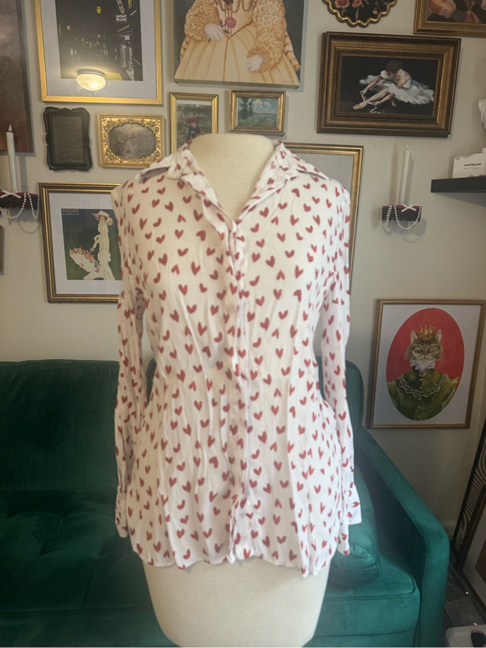 White Button-Up Blouse with Red Heart Print